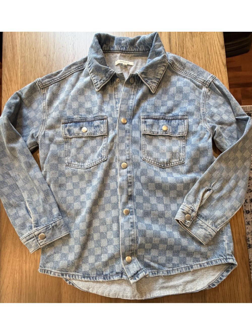 Pacsun Womens XS Blue Checkered Jean Shacket 100% Cotton Snap Front Oversized